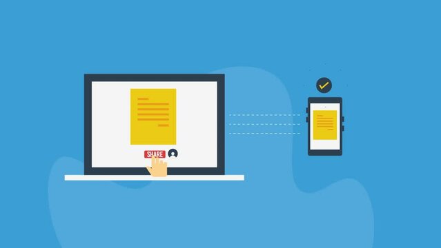 File sharing from laptop to mobile device, data transfer technology video animation.