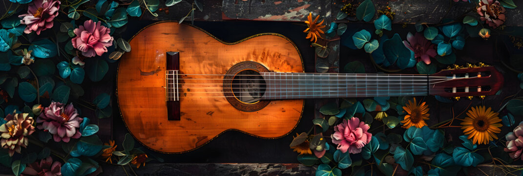 Guitarra española con flores en una caja de madera rústica
