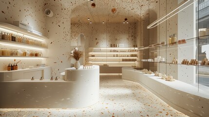 Minimalist soap shop interior design, walls covered in white and beige terrazzo with a yellow marble pattern. Generative AI.
