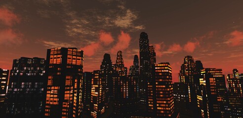 Beautiful evening city with skyscrapers at sunset, 3D rendering