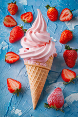 Strawberry ice cream and strawberries on blue background