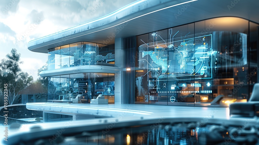 Poster A vision of the future in which artificial intelligence transforms the world of real estate. depicts a smart, digital assistant in the form of a futuristic device or hologram. Generative AI.