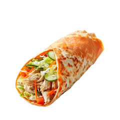 one thin orange pita bread roll stuffed with chicken, cheese, cabbage, cucumber, tomato, carrot straws