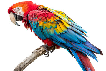 Fototapeta premium Scarlet macaw perched on a branch with vibrant plumage isolated on transparent background