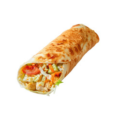 one thin orange pita bread roll stuffed with chicken, cheese, cabbage, cucumber, tomato, carrot straws