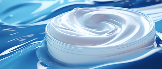 Fototapeta premium Hyper-realistic 3D model of vitamin-infused skin creams, flat, cool ice-blue background,
