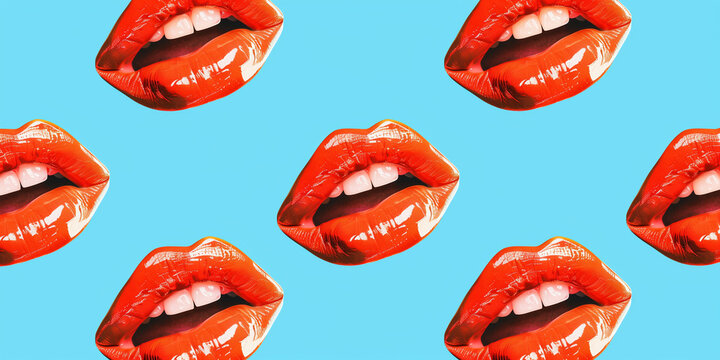 Red lips on blue background 