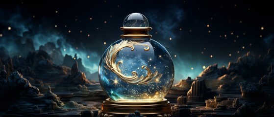 Luxurious perfume bottle on a flat background with an artistic rendering of the night sky, - obrazy, fototapety, plakaty