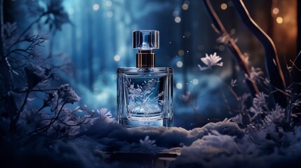 Luxurious perfume design amidst a blurred, enchanted winter forest under the northern lights,