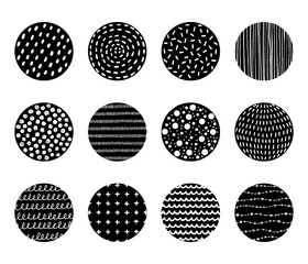 Hand drawn abstract patterns and textures in circle shape. White patterns on black circle backgrounds. Suitable for social media highlight cover, sticker, icon, etc.