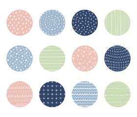 Hand drawn abstract patterns and textures in circle shape. Monochromatic patterns on pastel color circle backgrounds. Suitable for social media highlight cover, sticker, icon, etc.