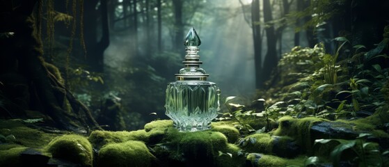 Realistic 3D visualization of a perfume bottle in a mystical, foggy forest setting,