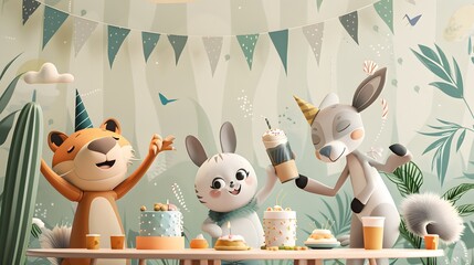 Animal Friends Birthday Celebration Illustration