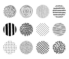 Hand drawn abstract patterns and textures in circle shape. Suitable for social media highlight cover, sticker, icon, etc.
