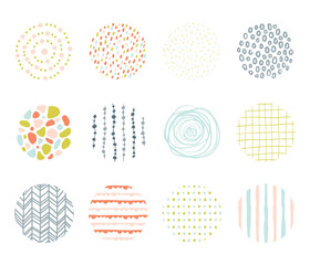 Hand drawn abstract patterns and textures in circle shape. Colorful patterns on transparent circle backgrounds. Suitable for social media highlight cover, sticker, icon, etc.
