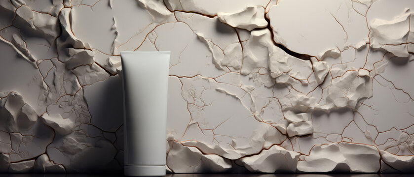 Realistic 3D portrayal of skin protection mousse, flat, simple stone background,