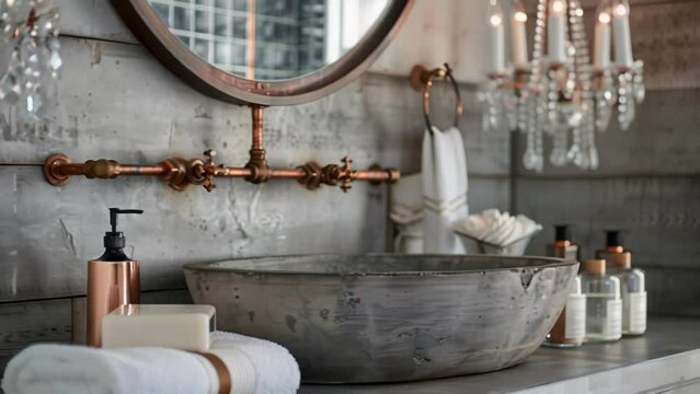 The bathroom boasts a mix of industrial and opulent details with a concrete vanity and exposed copper piping paired with a sparkling crystal chandelier and plush white towels. .