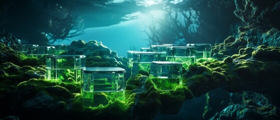 Obraz premium High-resolution hexagonal skin nourishment from seaweed extracts, flat, deep ocean floor background,