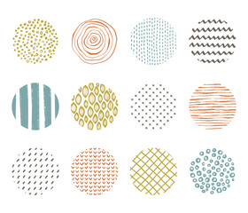 Hand drawn abstract patterns and textures in circle shape. Modern earthy color patterns on transparent circle backgrounds. Suitable for social media highlight cover, sticker, icon, etc.