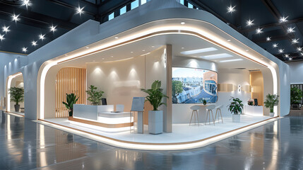 Design a 3D exhibition booth, Feature an entrance with a reception area, a central LED screen showcasing a nursing home. Generative AI.