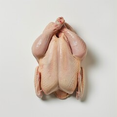 A raw, plucked whole chicken isolated on a white background, centered and viewed from above.