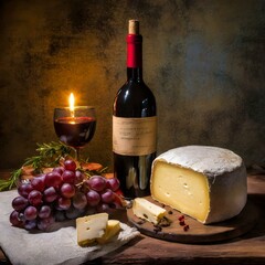 In the soft glow of candlelight a picturesque still life unfolds a bottle of rich ruby-red wine stands tall