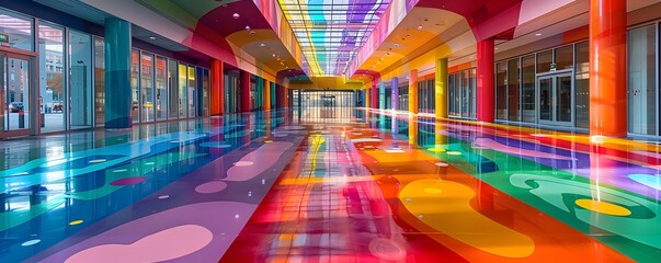 Vibrant Corporate Plaza Transformed into Mesmerizing Digital Art Corridor - obrazy, fototapety, plakaty