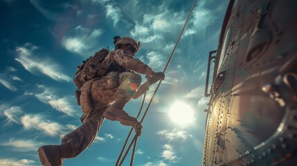 A Marine climbing a rope to board a helicopter, amidst the glare of the sun
