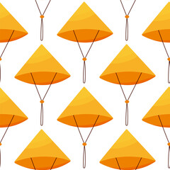 Obraz premium Asian hat with rope. Seamless color pattern. Chinese headdress made of palm leaves. Protection from sun and rain during field work. Accessory Simple background. Hand drawn vector illustration.