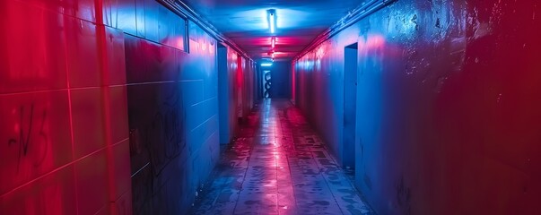 Shadowy Corridor of Enigmatic Colorful Lights in a Futuristic Dystopian Setting - obrazy, fototapety, plakaty