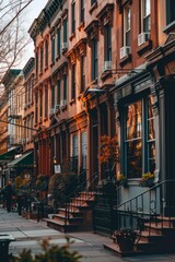 Fototapeta premium A historic brownstone street in a bustling city, showcasing classic architectural details, ornate facades, and charming storefronts, Generative AI