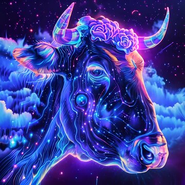 A digital taurus zodiac painting of a cow's skull with a flower crown, made of stars, against a background of space.