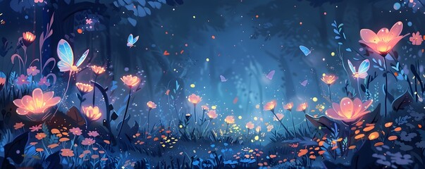 Obraz premium Ethereal Night Garden Tended by Luminescent Fairies in Soft Pastel Hues