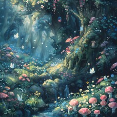 Enchanting Anime Inspired Woodland Brimming with Whimsical Creatures and Fantastical Foliage - obrazy, fototapety, plakaty
