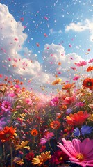 Vibrant Floral Tempest Radiant Blossoms Swirling in a Dance of Nature s Elements