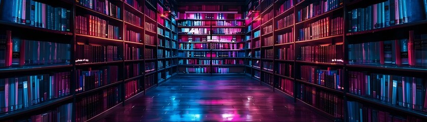 Neon Drenched Aisles of an Enchanted Library Brimming with Fantasy and Secrets