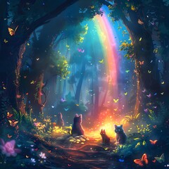 Enchanting Woodland Realm with Ethereal Radiance and Mystical Creatures