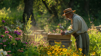 The air abuzz with the harmonious symphony of bees, the scent of honey permeating the surroundings, a tranquil ambiance prevails, as the beekeeper's.