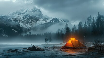 A glowing tent under a stormy sky, cold weather, mist, with pine trees and mountains in the background. Generative AI.