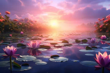 Foto op Canvas Water lilies in the lake on the background of the sunset © Aida