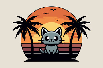  T-shirt design, vector art with black outlines, a cutest dog with palm trees and a sunset front view, with a small beach, illustration