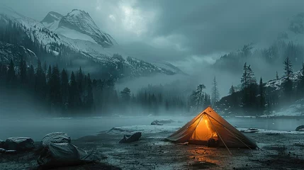 Fotobehang A glowing tent under a stormy sky, cold weather, mist, with pine trees and mountains in the background. Generative AI. © visoot