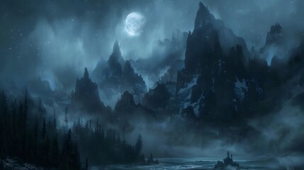 Enigmatic Nightscape of Mist Shrouded Mountain Peaks and Haunting Spirits - obrazy, fototapety, plakaty