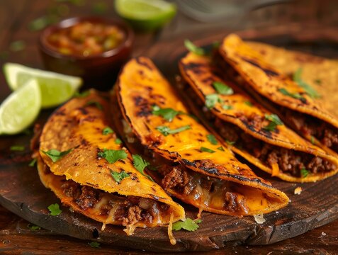 Birria Tacos Consome Dipping Sauce Lime Wedges Beef Food Background Image 