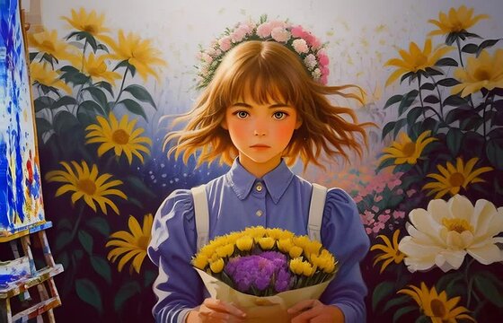 Generative ai motion animation of a painting of  a girl holding flowers