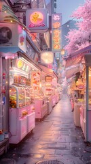 Pastel Colored Food Carts Offering Futuristic Fruit Delicacies Under Soft Ethereal Lighting in an Urban Alleyway