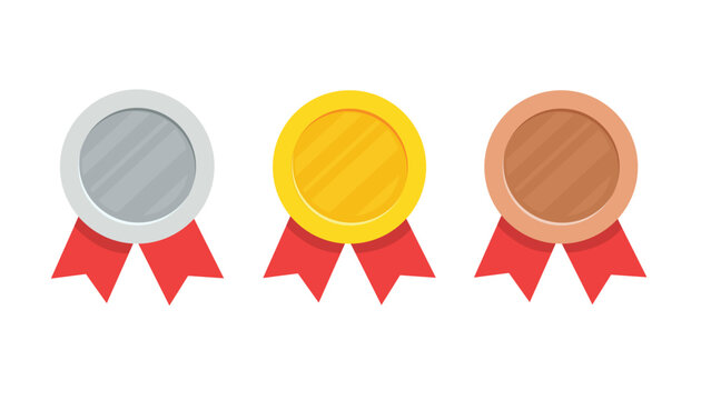 Three medal with gold madel and silver, bronze madel and red ribbon. vector illustration	
