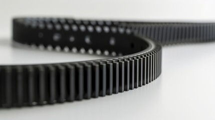 V-ribbed engine belt made of black rubber on a white isolated background in a photo studio of auto parts for replacement during repair or for a catalog of spare parts for sale on auto analysis