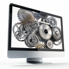 A modern computer monitor displaying a complex arrangement of interconnected metallic gears, symbolizing technology and mechanics.