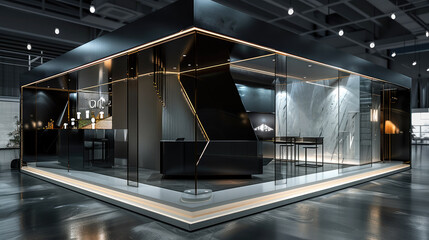 Event Booth design, elegant modern, reflective metal, black, interactive. Generative AI.